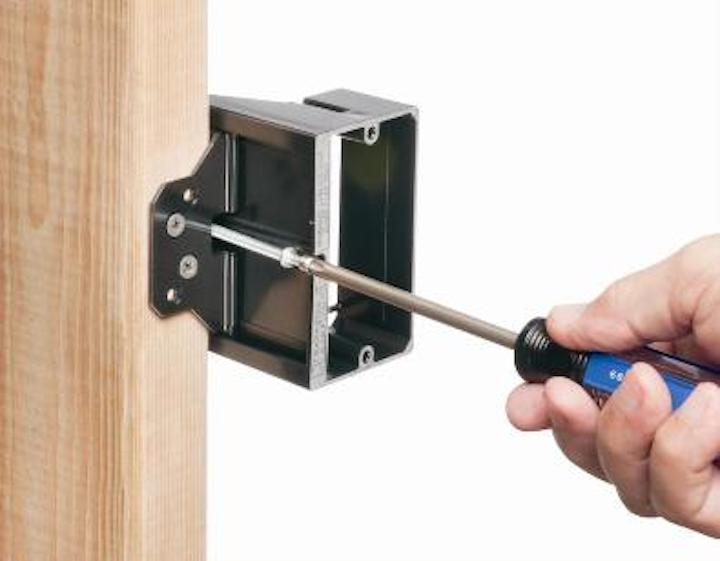 The nonmetallic adjustable mounting bracket from Arlington Industries is available in single- and double-gang versions.