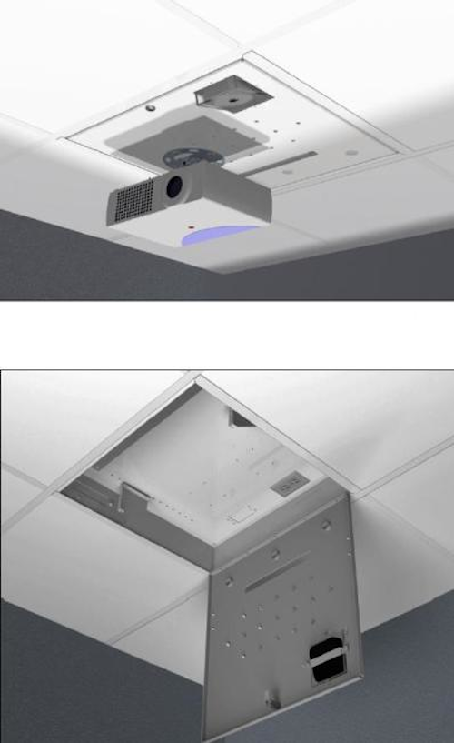 Oberon's Model 1074 Multimedia Gateway Enclosure mounts networking equimpent and most universal projector mounts.