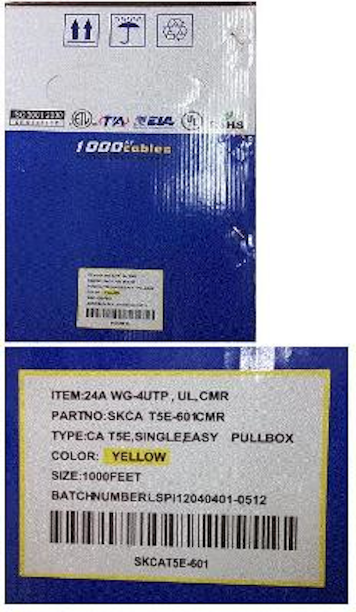 Images from a box of Skylite brand cable identified by UL as containing copper-clad aluminum conductors and using the UL mark without authorization