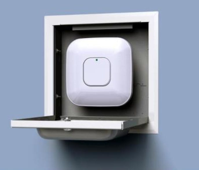 Oberon&apos;s 1076 enclosure is shown here mounted to a recessed wall and housing a Cisco 3500i wireless access point (not included with the enclosure).
