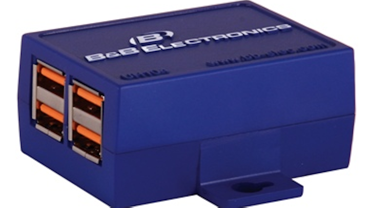 B&B Electronics Manufacturing Co.'s UH104 provides downstream devices with 100 mA of power, and USB 2.0 480-Mbit/sec connectivity.