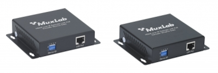 MuxLab's HDMI-over-IP Extender with PoE includes an encoder and decoder that convert an HDMI bitstream into IP, then back to the original HDMI bitstream.