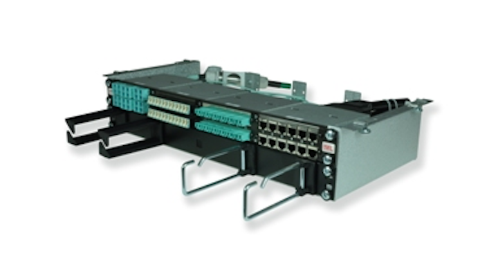 trans data elektronik's tML-Duo 19-inch cabinet attaches directly underneath a mesh cable tray.