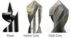 Burndy's new Razor auger bit is meant for a variety of treated-wood utility poles, while the Hollow Core and Solid Core bits can be used on fiberglass and composite poles. Burndy's new Razor auger bit is meant for a variety of treated-wood utility poles, while the Hollow Core and Solid Core bits can be used on fiberglass and composite poles.