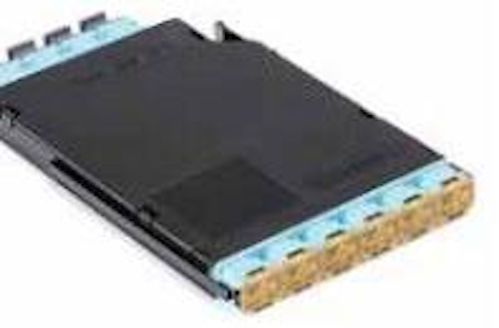 Conversion modules, the core part of Corning's Pretium Edge AO Solutions, are available with two 12-fiber adapters in the rear and three 8-fiber adapters in the front and, as shown here, with four 12-fiber adapters in the rear and six 8-fiber adapters in the front.