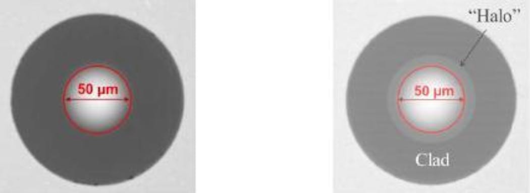 Taken from a recent technical report issued by OFS, this image shows a standard OFS LaserWave 50-micron fiber endface (left) and a LaserWave Flex 50-micron fiber endface (right), which exhibits the &apos;halo effect&apos; created by the trench that surrounds the fiber core.