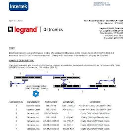 nCompass, the cabling alliance between Legrand Ortronics and Superior Essex, has made ETL test reports available on its website. Shown here is the first part of ETL's report on the nCompass Category 6A 4-connector, 100-meter channel. nCompass, the cabling alliance between Legrand Ortronics and Superior Essex, has made ETL test reports available on its website. Shown here is the first part of ETL's report on the nCompass Category 6A 4-connector, 100-meter channel.