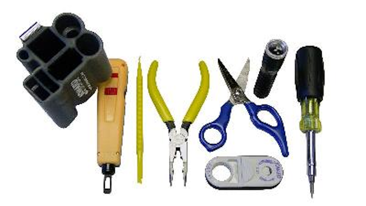 Components of Jonard Industries' TK-17 Punchdown Tool Kit include a molded pouch, punchdown tool, punchdown blades, spudger, long-nose plier, scissor, cable stripper, LED light and 6-in-1 screwdriver.
