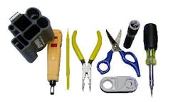 Components of Jonard Industries' TK-17 Punchdown Tool Kit include a molded pouch, punchdown tool, punchdown blades, spudger, long-nose plier, scissor, cable stripper, LED light and 6-in-1 screwdriver. Components of Jonard Industries' TK-17 Punchdown Tool Kit include a molded pouch, punchdown tool, punchdown blades, spudger, long-nose plier, scissor, cable stripper, LED light and 6-in-1 screwdriver.