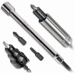 New power-tool accessories from Klein Tools include a conduit reamer (bottom left) that attaches to a power drill New power-tool accessories from Klein Tools include a conduit reamer (bottom left) that attaches to a power drill