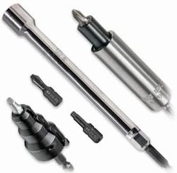 New power-tool accessories from Klein Tools include a conduit reamer (bottom left) that attaches to a power drill