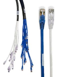 CablExpress's mini 6 trunk and individual breakout cables, shown in white, are slimmer than older-generation Category 6 media, shown in blue. CablExpress's mini 6 trunk and individual breakout cables, shown in white, are slimmer than older-generation Category 6 media, shown in blue.