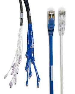 CablExpress&apos;s mini 6 trunk and individual breakout cables, shown in white, are slimmer than older-generation Category 6 media, shown in blue.