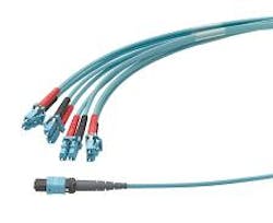 New fiber conversion harnesses from Leviton join an MTP connector on one end with 4, 10 or 12 duplex SCs on the other end. New fiber conversion harnesses from Leviton join an MTP connector on one end with 4, 10 or 12 duplex SCs on the other end.