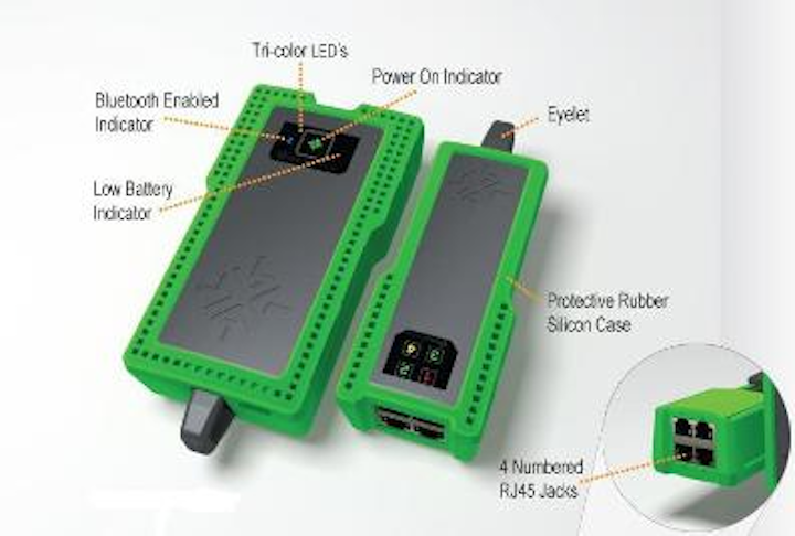 The WowClowd main unit (left) and remote unit (right and inset) have no graphic interface. Technicians run tests from a smart phone app, and results are stored in the cloud.