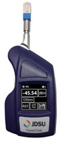 PowerChek is a new optical power meter from JDSU. It directly measures a bulkhead port's optical power without the need for a test lead, which both eliminates the risk of cross-contamination and eases the task of fiber-optic cable testing. PowerChek is a new optical power meter from JDSU. It directly measures a bulkhead port's optical power without the need for a test lead, which both eliminates the risk of cross-contamination and eases the task of fiber-optic cable testing.