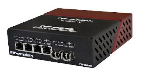 The FiberPlex TIS-8632 copper-to-fiber-converter is 'a six-port Ethernet switch that interfaces Cat-based networks to fiber-optic communications,' the company says.