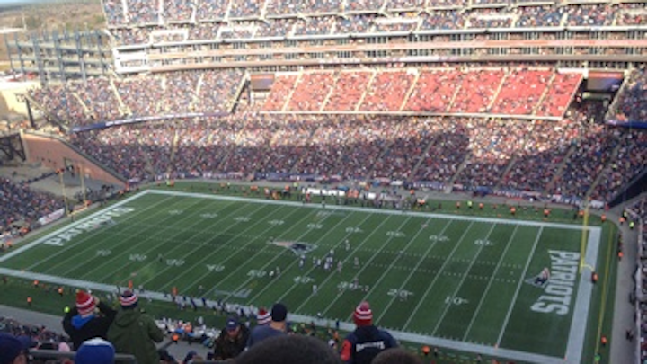 The eventual Super Bowl champion New England Patriots play against the Buffalo Bills during their final regular season game at Gillette Stadium on December 27, 2014. AT&T said that on Super Bowl Sunday, February 1, their DAS networks in and immediately surrounding University of Phoenix Stadium carried 1.7 Terabytes of data.