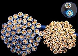 This photo of Quabbin's new 28-AWG mini Category 6A patch cables is taken from a data sheet for the product. That data sheet explains that this side-by side comparison of 26-AWG (left) and 28-AWG (right) DataMax Patch Cable provides a visual demo of the 28-AWG's 23 percent reduced size and 28 percent reduced cross-sectional area. The 28-AWG cable is also 33 percent lighter. This photo of Quabbin's new 28-AWG mini Category 6A patch cables is taken from a data sheet for the product. That data sheet explains that this side-by side comparison of 26-AWG (left) and 28-AWG (right) DataMax Patch Cable provides a visual demo of the 28-AWG's 23 percent reduced size and 28 percent reduced cross-sectional area. The 28-AWG cable is also 33 percent lighter.