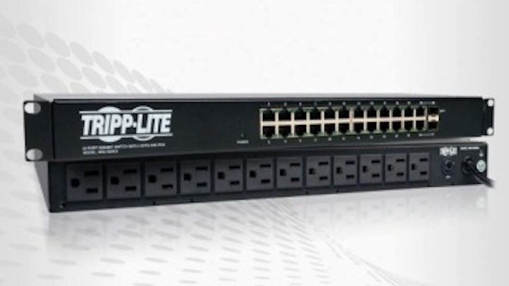 Shown here is Tripp Lite's NSU-G24C2 PDU Ethernet Switch Combo, which offers 12 power outlets and 24 GbE ports in 1U of space. Tripp Lite also offers the NSU-G16, which provides 8 outlets and 16 GbE ports.