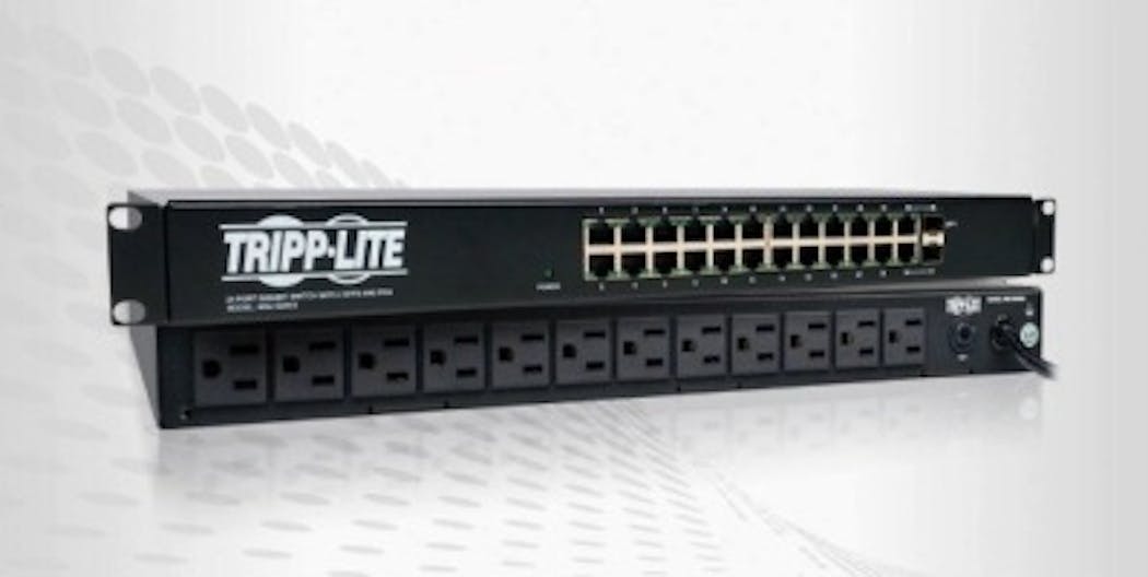 Shown here is Tripp Lite&apos;s NSU-G24C2 PDU Ethernet Switch Combo, which offers 12 power outlets and 24 GbE ports in 1U of space. Tripp Lite also offers the NSU-G16, which provides 8 outlets and 16 GbE ports.