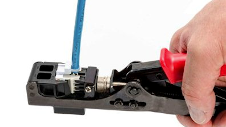 HellermannTyton's single-action jack termination tool cuts and terminates all eight wires with one squeeze of the handle.