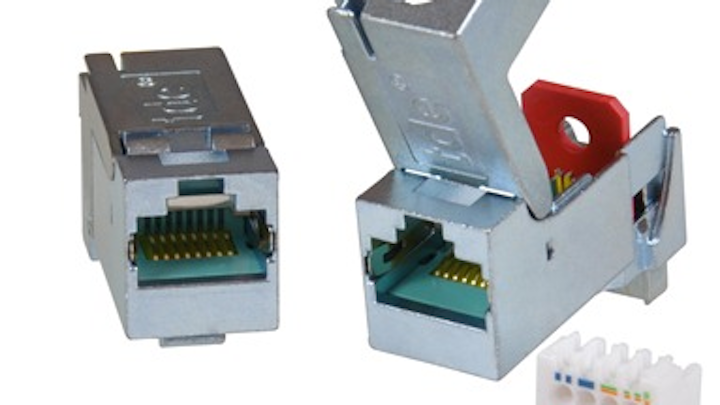 This tool-less Category 6A connector module from trans data elektronik accommodates twisted-pair cables with 24-22 AWG conductors.