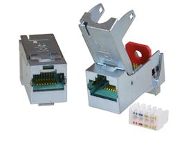 This tool-less Category 6A connector module from trans data elektronik accommodates twisted-pair cables with 24-22 AWG conductors. This tool-less Category 6A connector module from trans data elektronik accommodates twisted-pair cables with 24-22 AWG conductors.