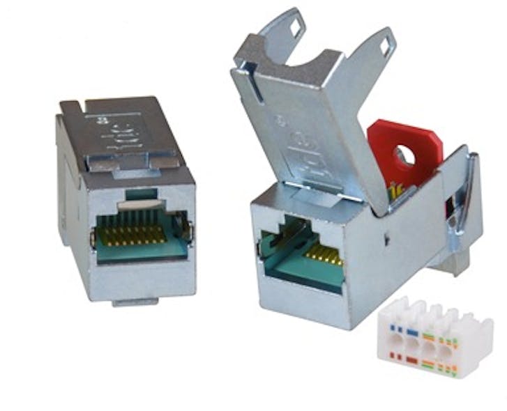 This tool-less Category 6A connector module from trans data elektronik accommodates twisted-pair cables with 24-22 AWG conductors.