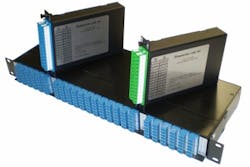 LGX modules from Fiberdyne Labs are available in 1RU (bottom) and single-wide (top) constructions. The modules can house many combinations of fiber-optic splitters and WDM/CWDM/DWDM passive components.
