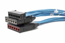 The Category 6 and 6A UTP versions of HellermannTyton's RapidNet preterminated cabling system are available with colored ports, enabling color-coding. The Category 6 and 6A UTP versions of HellermannTyton's RapidNet preterminated cabling system are available with colored ports, enabling color-coding.