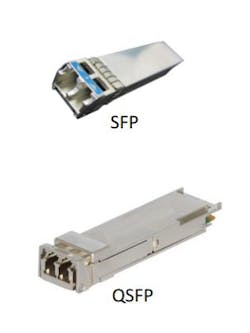 Ethernet Alliance president Scott Kipp explained that the IEEE 802.3 50 Gb/s Ethernet Over a Single Lane Study Group will enable 50-GbE SFP 56 and 200-GbE QSFP56 modules. SFP (top) and QSFP (bottom) modules are shown here.
