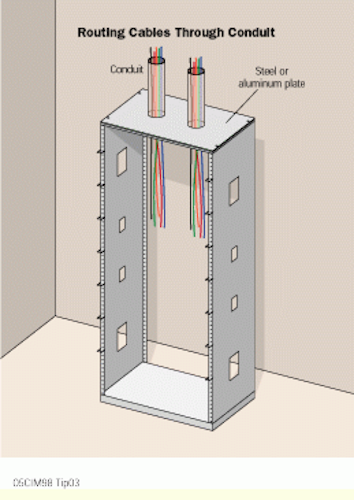 Use conduit to route cables to an open rack Cabling Installation