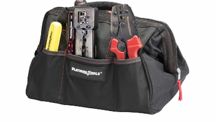 Platinum Tools' Big Mouth Tool Bag includes six pockets for storing cabling installation tools.