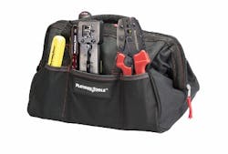 Platinum Tools&apos; Big Mouth Tool Bag includes six pockets for storing cabling installation tools.