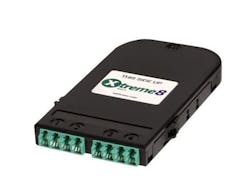 This MTP-to-Duplex LC Cassette Module is part of the Xtreme8 base 8 plug-and-play fiber-optic cabling system from Opticonx. This MTP-to-Duplex LC Cassette Module is part of the Xtreme8 base 8 plug-and-play fiber-optic cabling system from Opticonx.