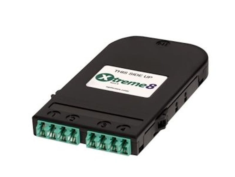 This MTP-to-Duplex LC Cassette Module is part of the Xtreme8 base 8 plug-and-play fiber-optic cabling system from Opticonx.