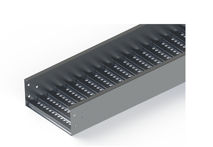 Prefab metal cable tray features ventilated or solid bottoms Cabling