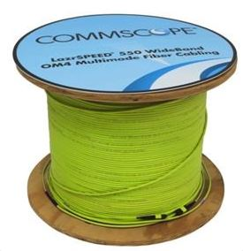 Shown here is CommScope's LazrSpeed 550 Wideband Multimode Fiber Cable. CommScope's Paul Kolesar recently reported that a proposal in front of IEEE 802.3 includes WBMMF as a medium to support 2-fiber 100G transmission.