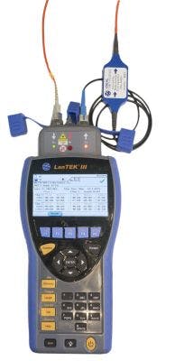 Pictured here is an encircled-flux compliant fiber testing combination: Ideal Networks&apos; LanTEK III cable certifier with the FiberTEK III adapter and encircled flux launch cords.