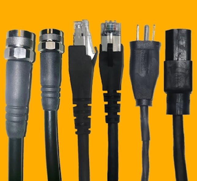 CDM Electronics offers to the OEM market semi-custom cable assemblies for (pictured left to right) RF, Ethernet and power applications. Twisted-pair cable assemblies feature straight, left-facing or right-facing RJ45 connectors.