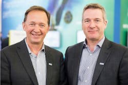 Philippe Morin (right) becomes EXFO&apos;s CEO on April 1, taking that helm from Germain Lamonde (left), who founded the company in 1985. Lamonde will become EXFO&apos;s executive chairman, maintaining leadership of the company&apos;s acquisition strategy and other strategic activities.