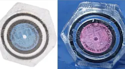 This IP68-rated connector cap from Hughes Electronics changes color to indicate the presence of humidity. The blue indicator (left) in the top of the cap visibly turns pink (right) when it detects the presence of humidity. Research conducted by Hughes Electronics and London South Bank University indicate humidity is a hidden and often vexing source of passive intermodulation (PIM).