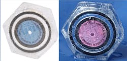 This IP68-rated connector cap from Hughes Electronics changes color to indicate the presence of humidity. The blue indicator (left) in the top of the cap visibly turns pink (right) when it detects the presence of humidity. Research conducted by Hughes Electronics and London South Bank University indicate humidity is a hidden and often vexing source of passive intermodulation (PIM).
