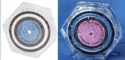 This IP68-rated connector cap from Hughes Electronics changes color to indicate the presence of humidity. The blue indicator (left) in the top of the cap visibly turns pink (right) when it detects the presence of humidity. Research conducted by Hughes Electronics and London South Bank University indicate humidity is a hidden and often vexing source of passive intermodulation (PIM).