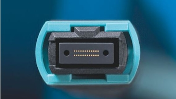An unpinned 24-fiber MPO connector is pictured here. MPO testing can be challenging, and different test-device manufacturers take different approaches to the task.
