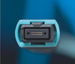 An unpinned 24-fiber MPO connector is pictured here. MPO testing can be challenging, and different test-device manufacturers take different approaches to the task. An unpinned 24-fiber MPO connector is pictured here. MPO testing can be challenging, and different test-device manufacturers take different approaches to the task.