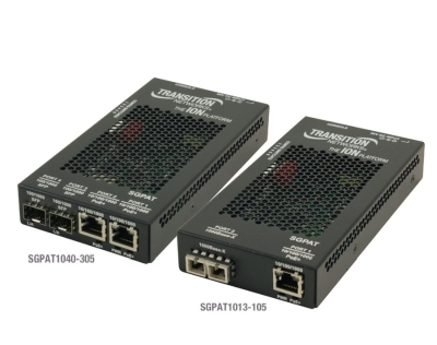 Transition Networks' SGPAT10xx-105 family of media converters serves as a PoE Plus power sourcing equipment device. It is available in 2-, 3-, and 4-port versions.