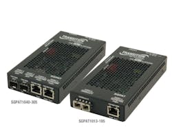 Transition Networks' SGPAT10xx-105 family of media converters serves as a PoE Plus power sourcing equipment device. It is available in 2-, 3-, and 4-port versions. Transition Networks' SGPAT10xx-105 family of media converters serves as a PoE Plus power sourcing equipment device. It is available in 2-, 3-, and 4-port versions.