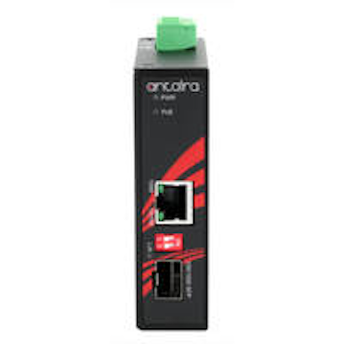 Industrial Gigabit Ethernet-to-Fiber media converter supports DIN-rail orientation with SFP slot, PoE injector